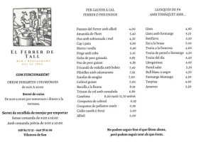 Ferrer De Tall. Restaurant- Bar. menu