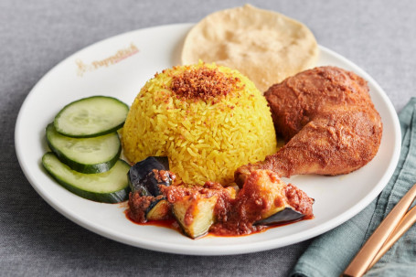 Nasi Kunyit With Fried Chicken And Sambal Eggplants