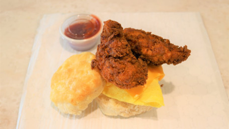 Fried Chicken, Egg And Cheese Biscuit