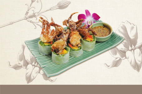 Mango Soft Shell Crab Rice Paper Rolls With Thai Spicy Herb Sauce Máng Guǒ Ruǎn Qiào Xiè Mǐ Zhǐ Juǎn