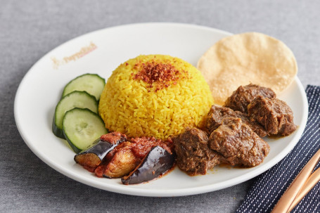 R29 Nasi Kunyit With Beef Rendang And Sambal Eggplants